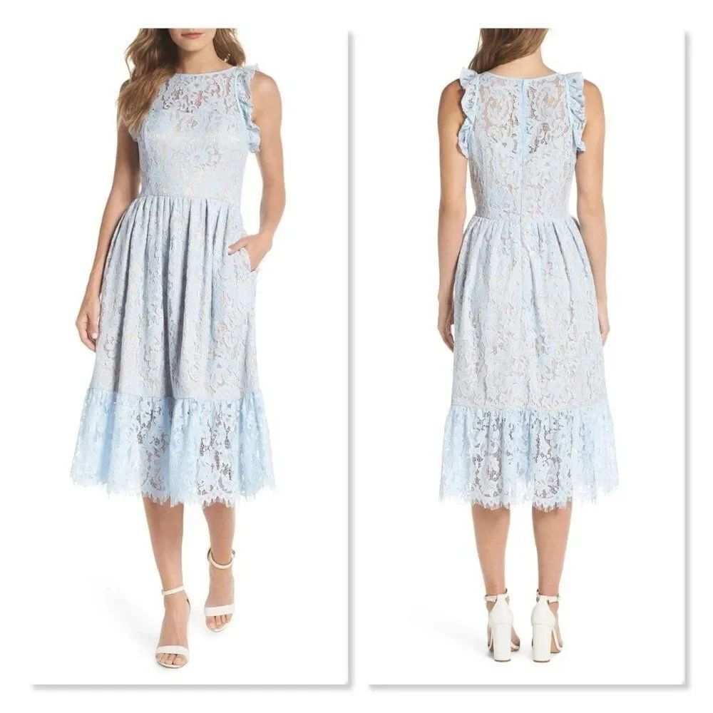 🔅 ELIZA J 🔅 Ruffle Lace Midi Dress - [size 8, light blue]